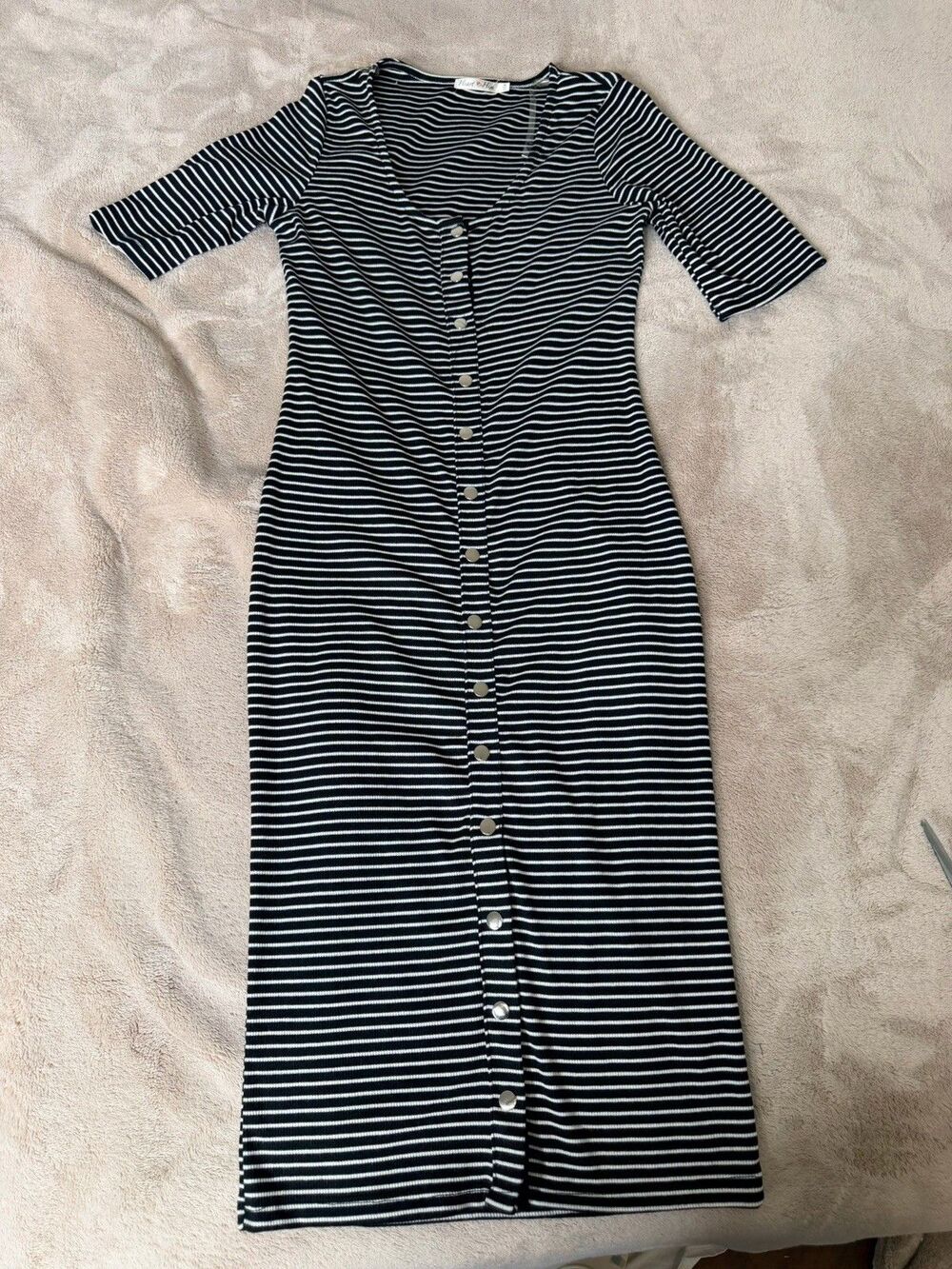 Heart HipsBlack White Striped Midi Dress Women M Stretch Bodycon Button Front - Picture 3 of 11